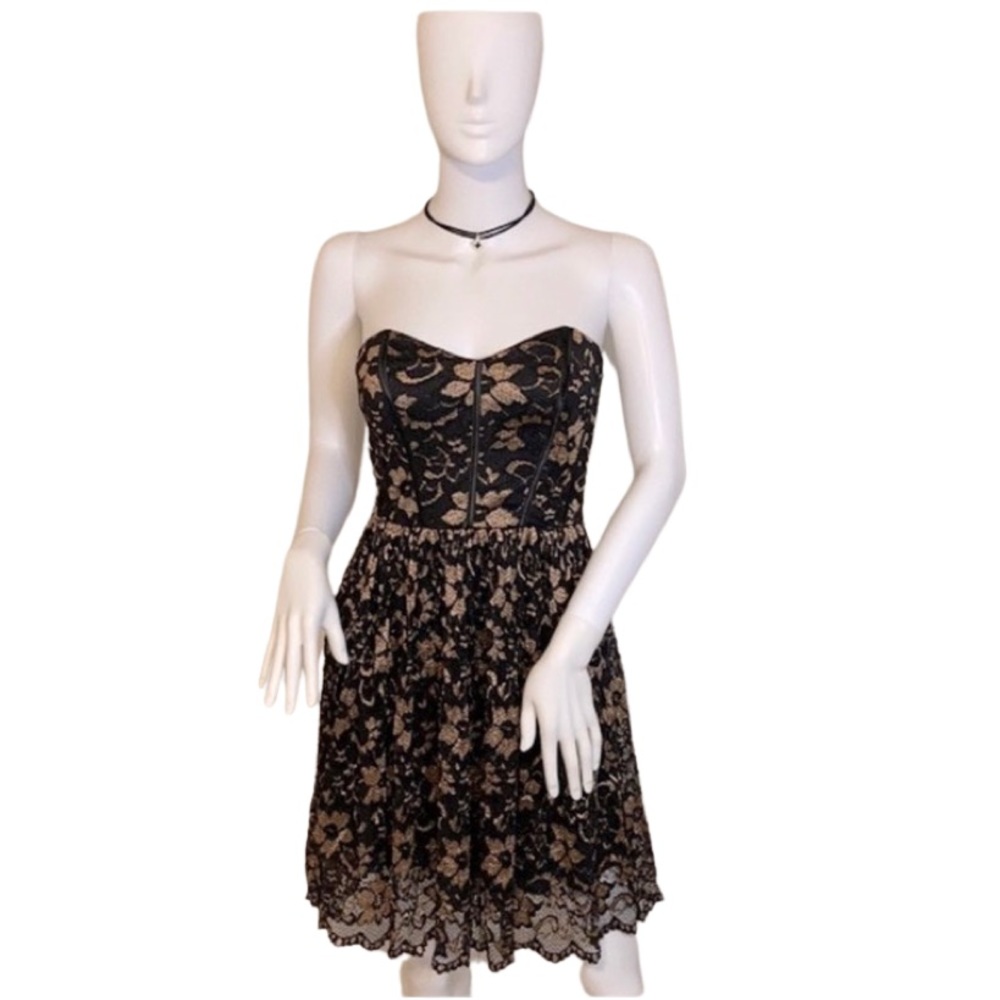ASOS Strapless Lace Overlay Dress in Black & Gold